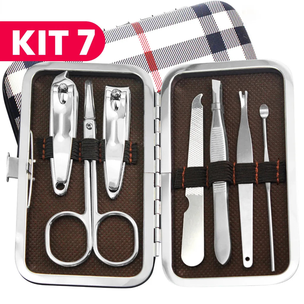 Kit Manicure e Pedicure Profissional em Aço Inox (Estojo de Couro)