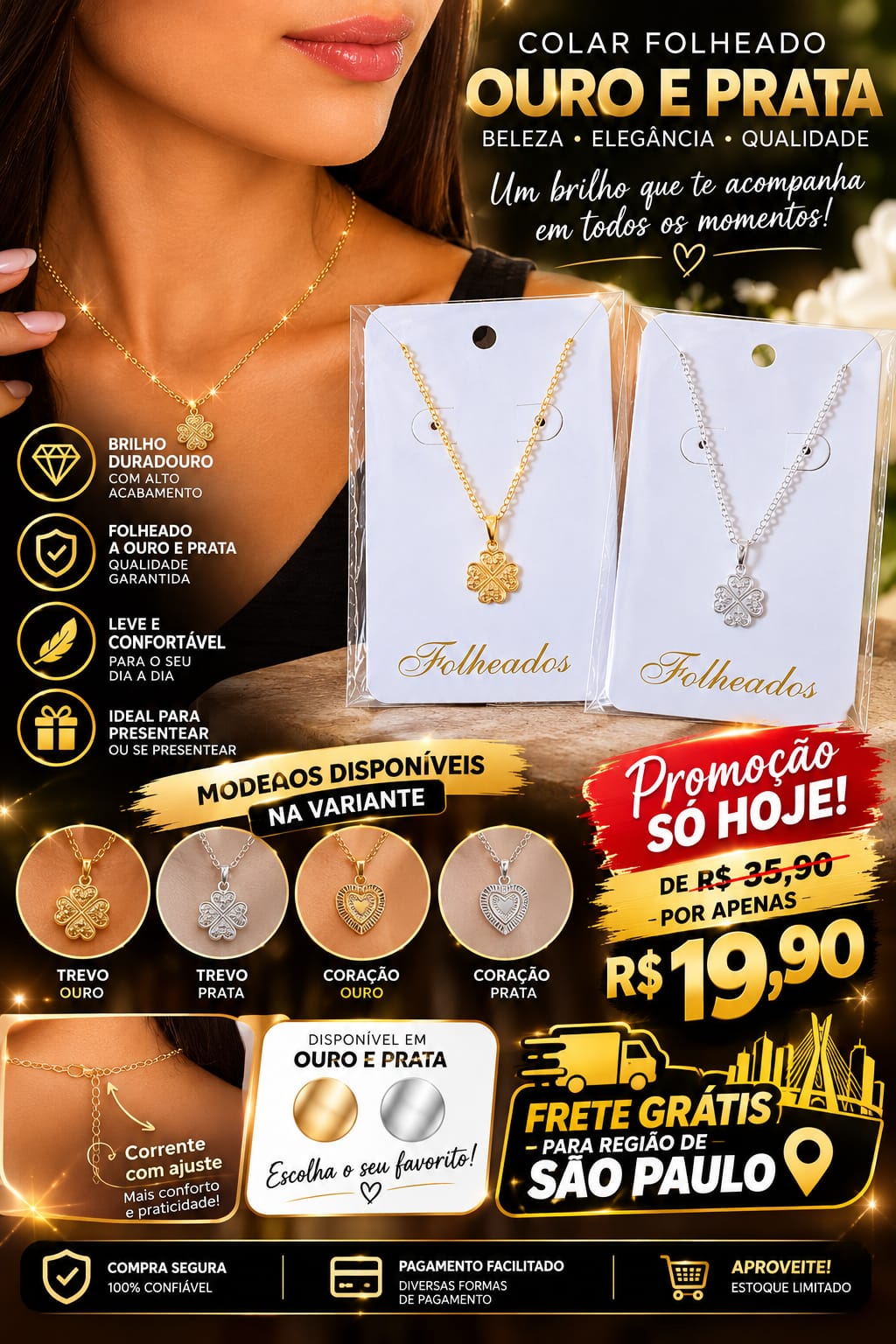 Colar Feminino Delicado Folheado a Ouro 18K e Prata 925